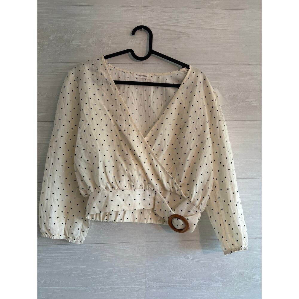 Cropped wrap blouse, polka dot detail